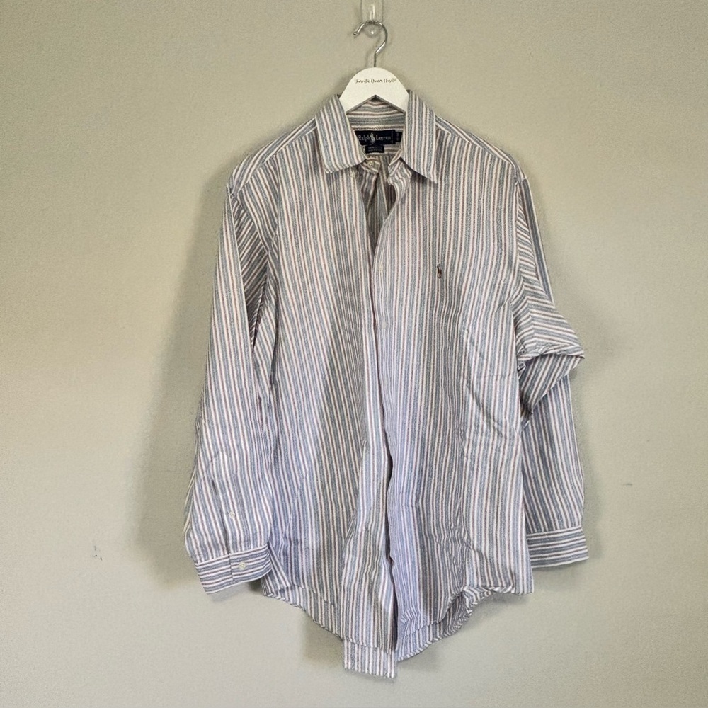 RALPH LAUREN BLUE LABEL Men’s Blue Stripe YARMOUTH Oxford Dress Shirt Pony 16